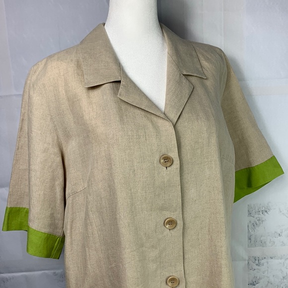 Marina Rinaldi Puro Lino Linen Green Contrast Trim Side Slit Button Midi Dress - Picture 12 of 15